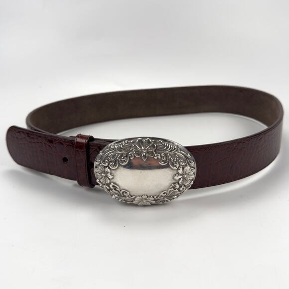 Vintage Accessories - Vintage ROC 1996 Brown Genuine Leather Belt Silver Buckle Florals Womens Size M